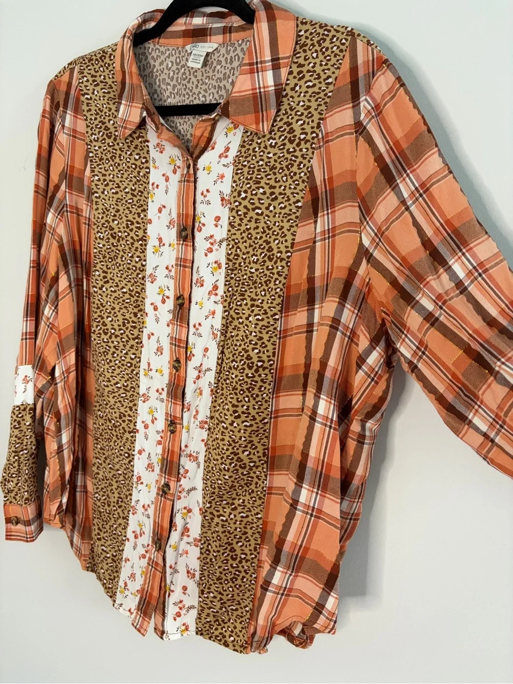 Cato Plaid & Leopard Mixed-Print Button Front Blouse - Rust/Tan - Picture 2 of 7